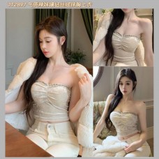 JT2897 气质辣妹镶钻丝绒抹胸上衣 Ready Stock