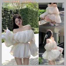 JT2901 气质甜美一字肩网纱上衣 Ready Stock