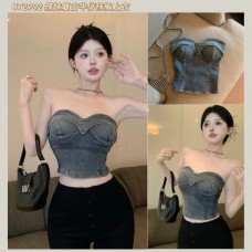 JT2902 辣妹复古牛仔抹胸上衣 Ready Stock
