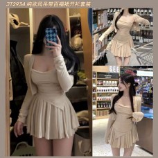 JT2934 純欲风吊带百褶裙开衫套装 Ready Stock