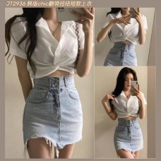 JT2936 韩版chic翻领扭结短款上衣 Ready Stock