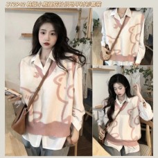 JT2942 韩版小熊提花针织马甲衬衫套装 Ready Stock